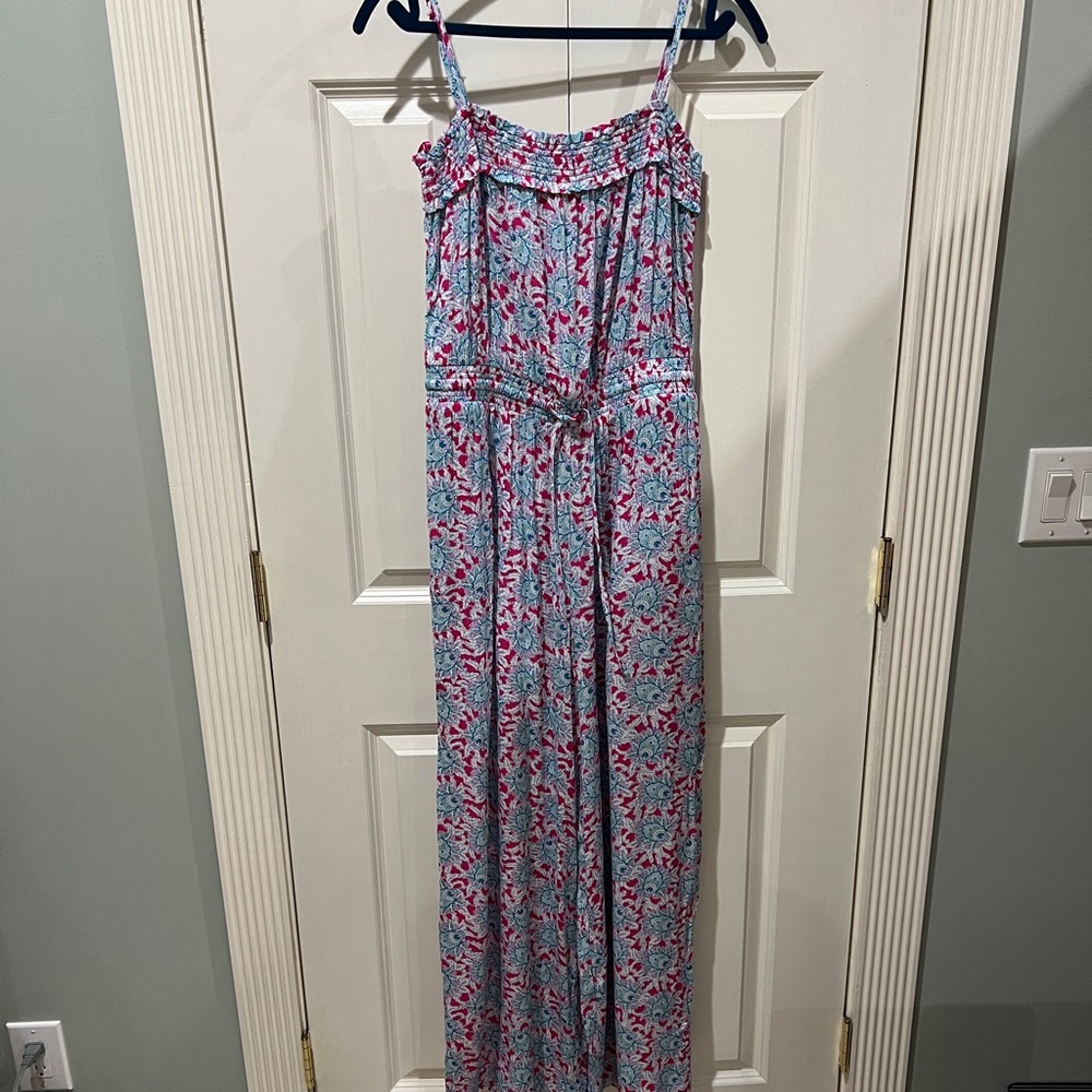 LOFT Tropical Pink & Green Jumpsuit Medium, Adjustable Straps, Pockets